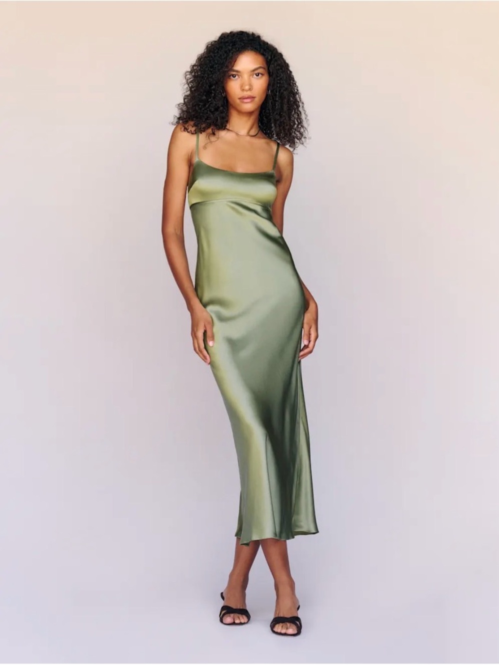Reformation Olive Green Satin Midi Slip Dress
